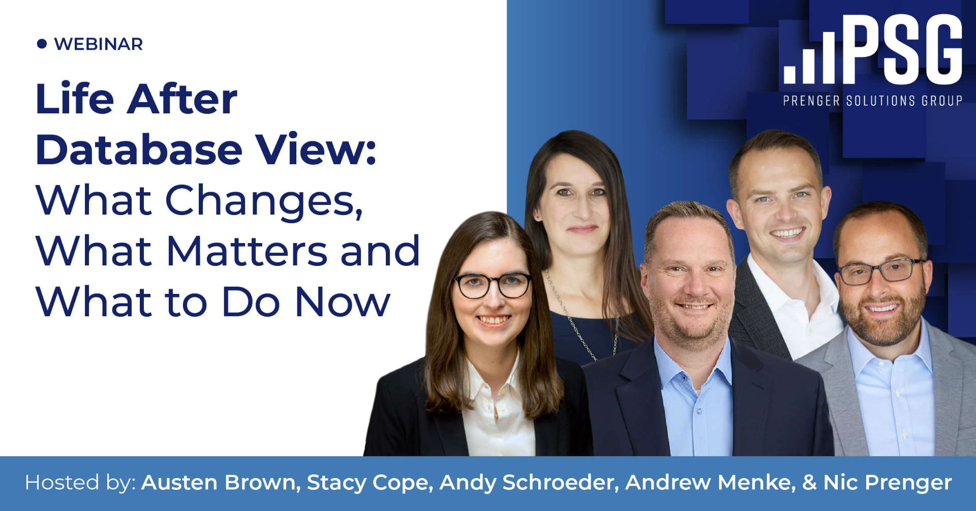 Life After Database View: What Changes, What Matters and What to Do Now — webinar graphic showing the five hosts